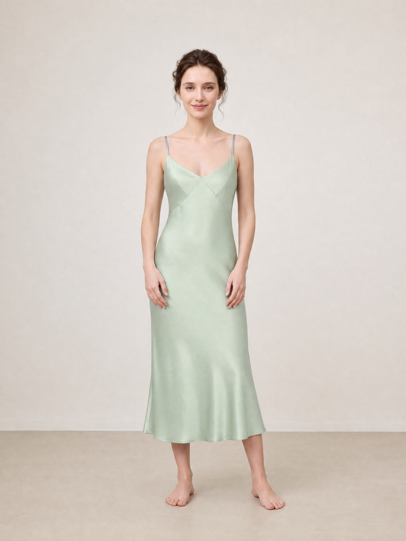 Viridian Lake Midi Slip Dress In Mulberry Silk - Misty Pine