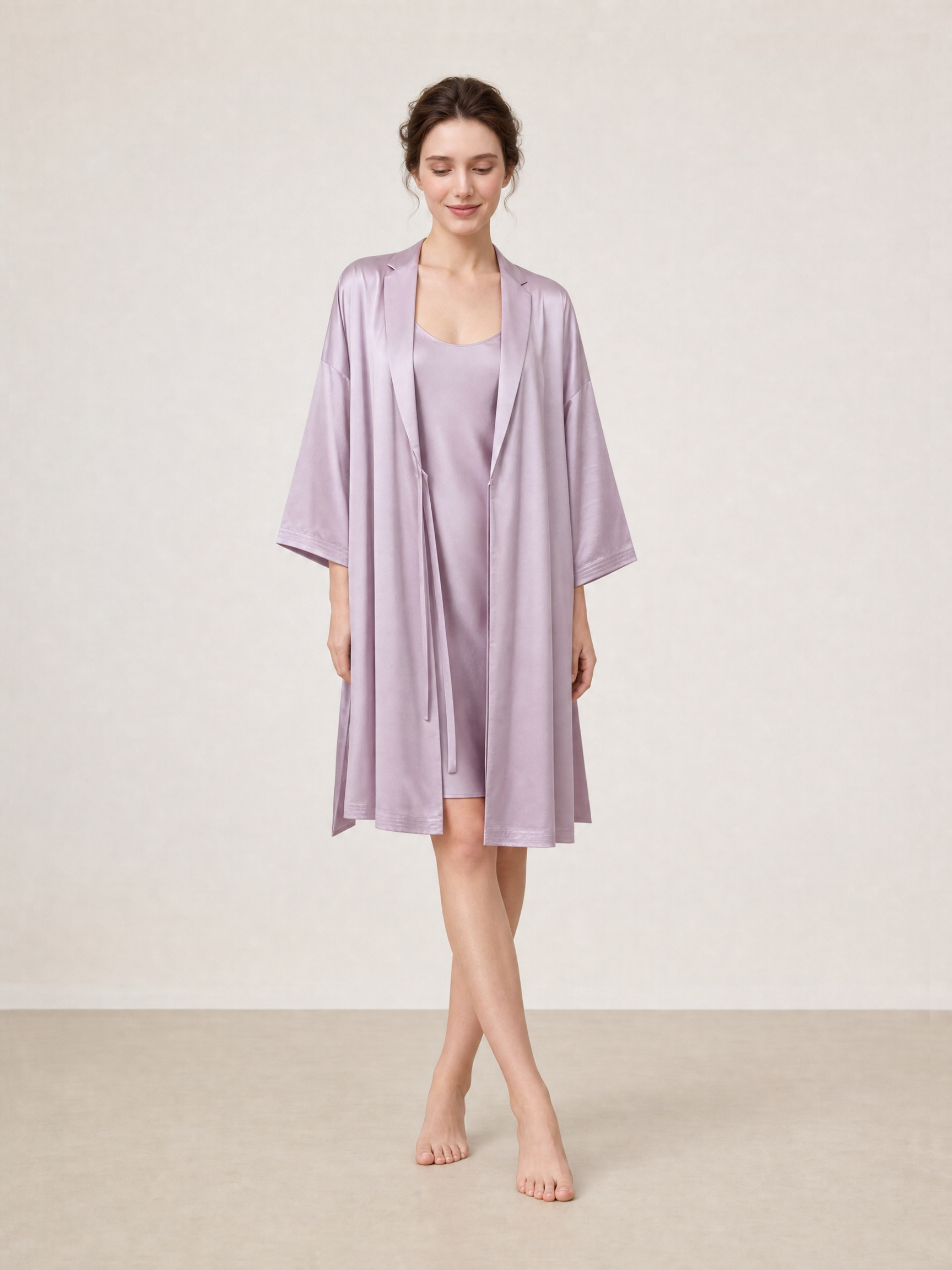 Blushing Skies Chemise and Robe Set In Mulberry Silk - Twilight Mauve