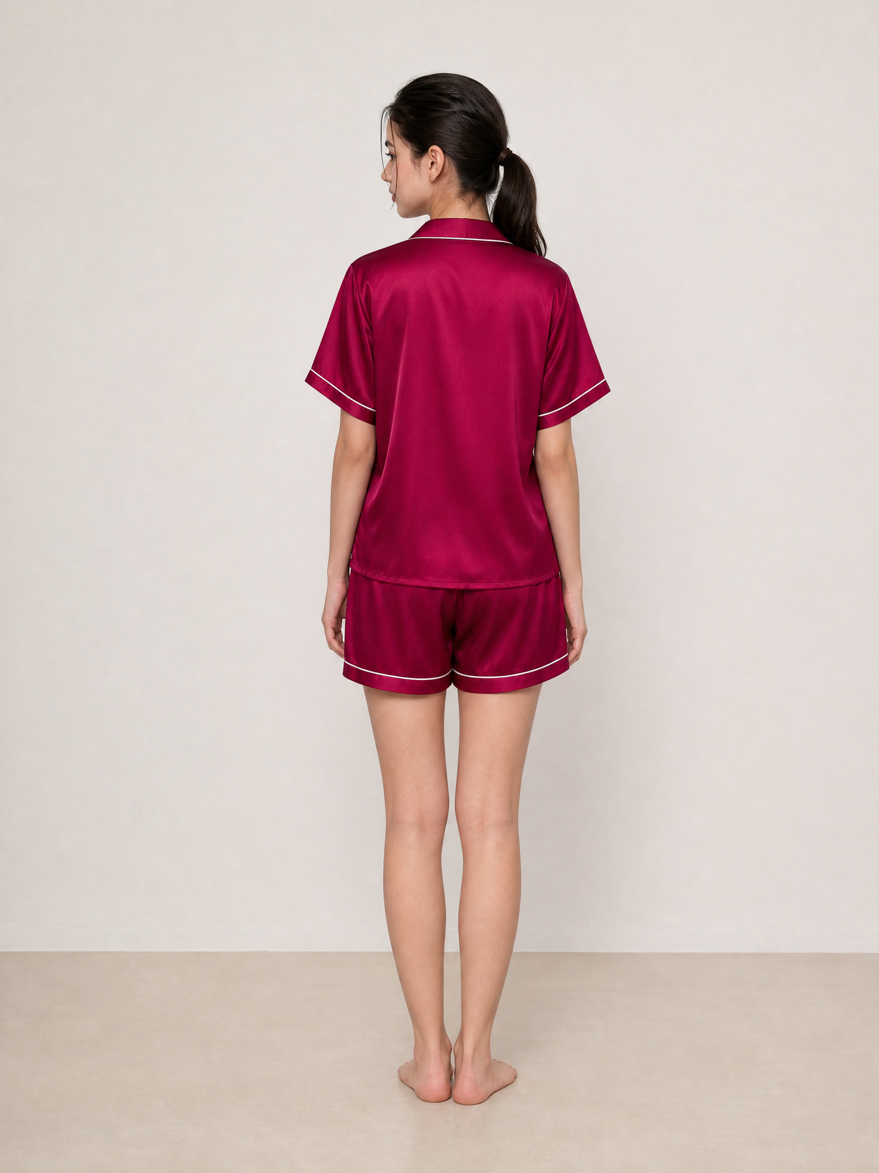 Crimson Maple Short Sleeve and Tap Pants Set In Mulberry Silk - Mulled Wine