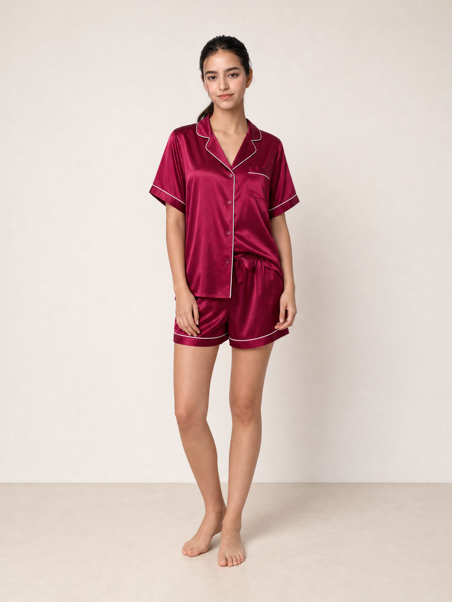 Crimson Maple Short Sleeve and Tap Pants Set In Mulberry Silk - Mulled Wine