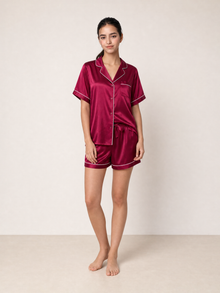 Crimson Maple Short Sleeve and Tap Pants Set In Mulberry Silk - Mulled Wine