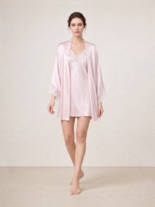 Blushing Skies Chemise and Robe Set In Mulberry Silk - Lilac Cloud