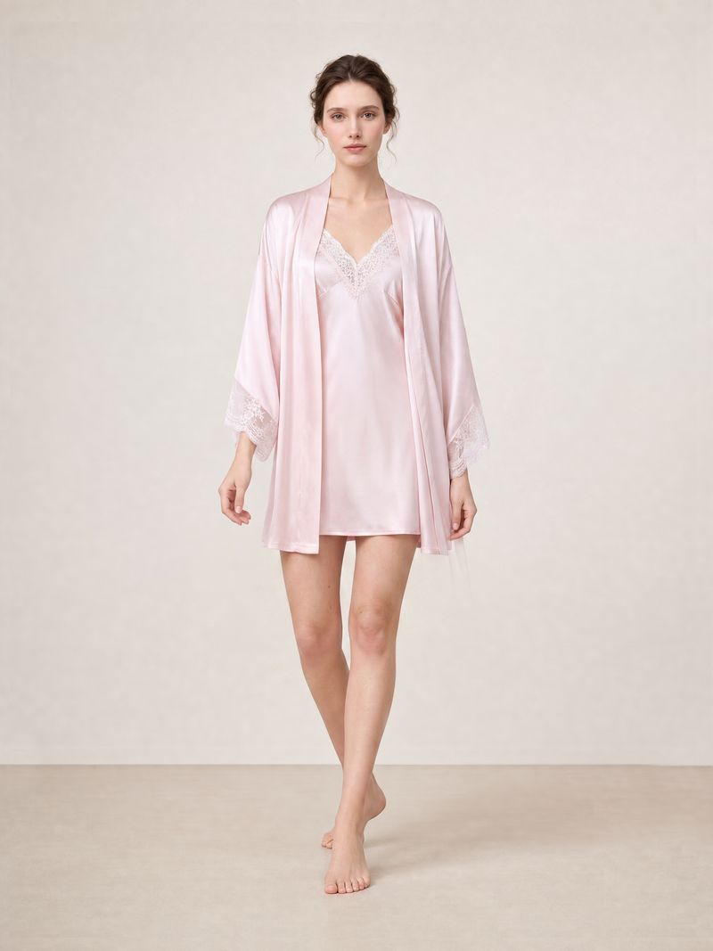 Blushing Skies Chemise and Robe Set In Mulberry Silk - Lilac Cloud