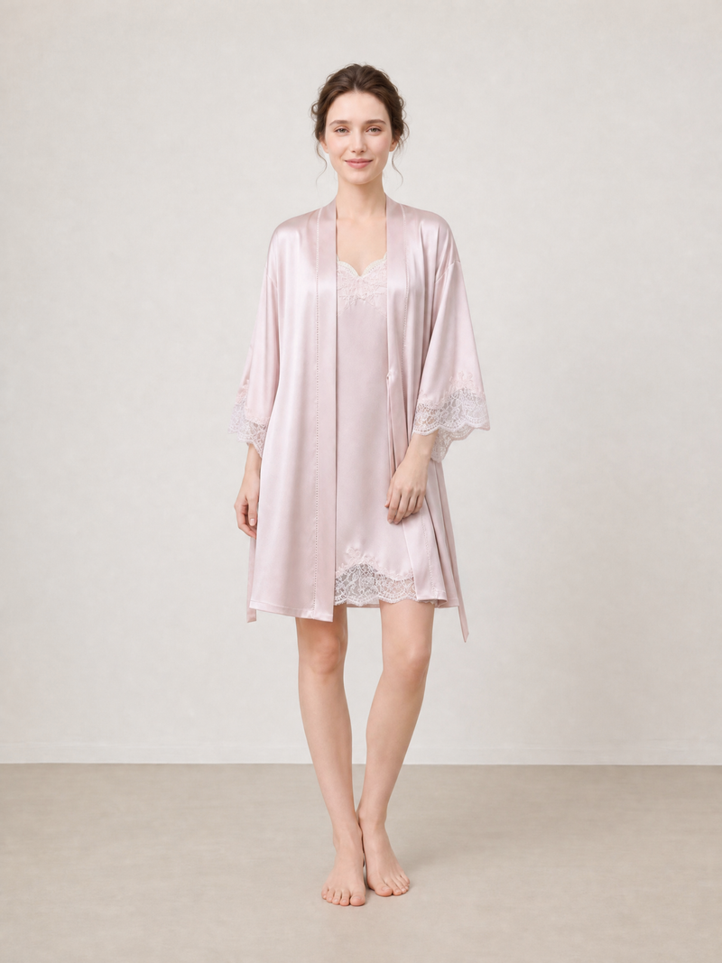 Blushing Skies Chemise and Robe Set In Mulberry Silk - Blush Horizon