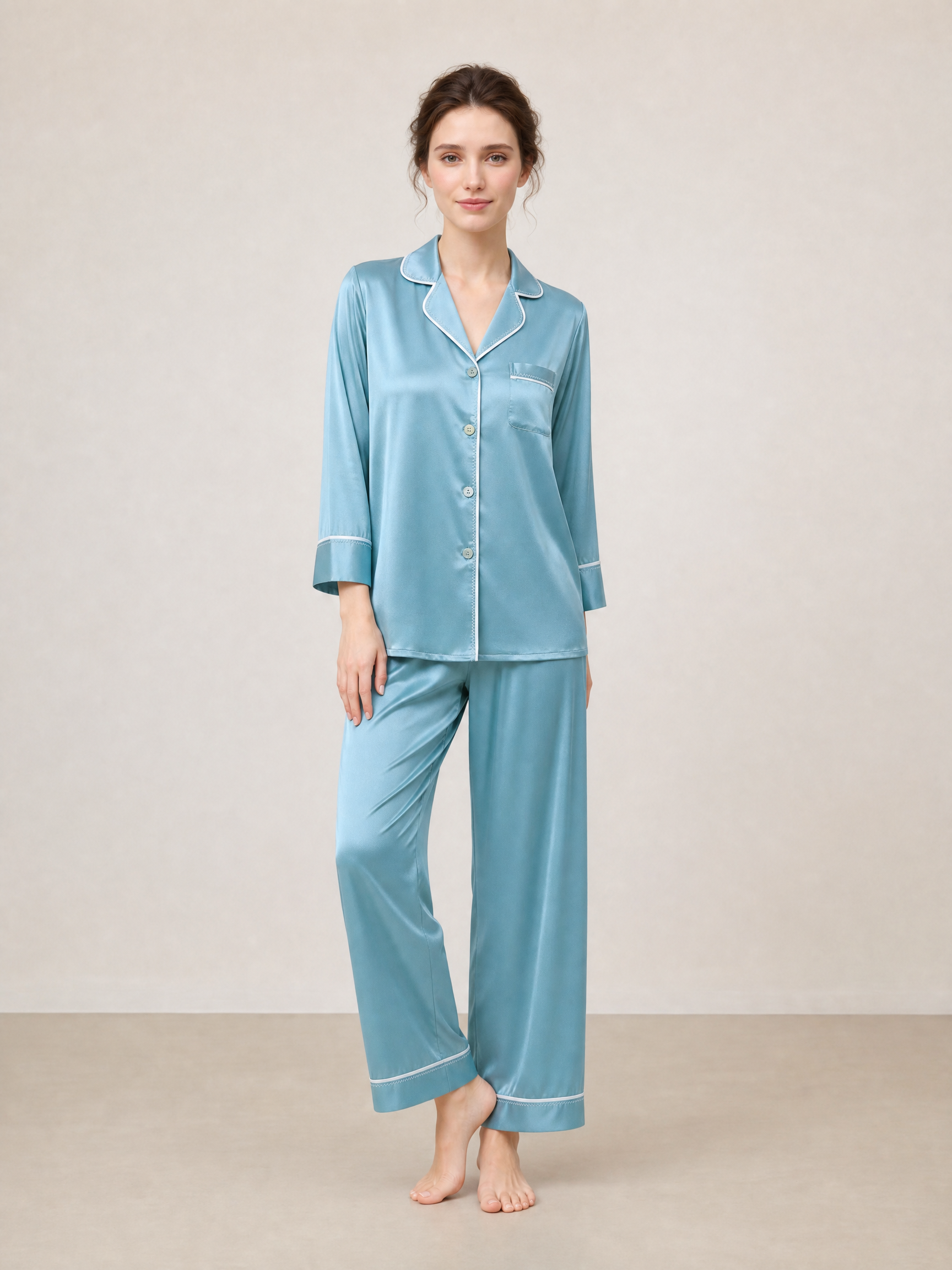 Viridian Lake Silk Pajama Set In Mulberry Silk - Twilight Sea