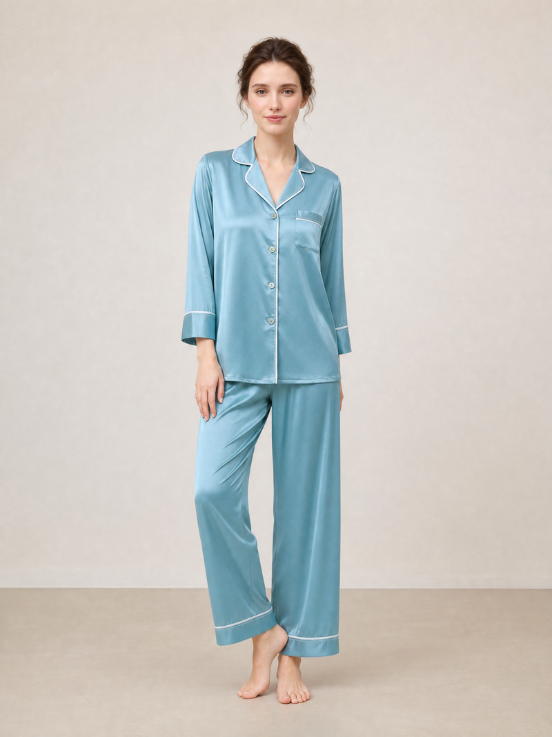 Viridian Lake Silk Pajama Set In Mulberry Silk - Twilight Sea