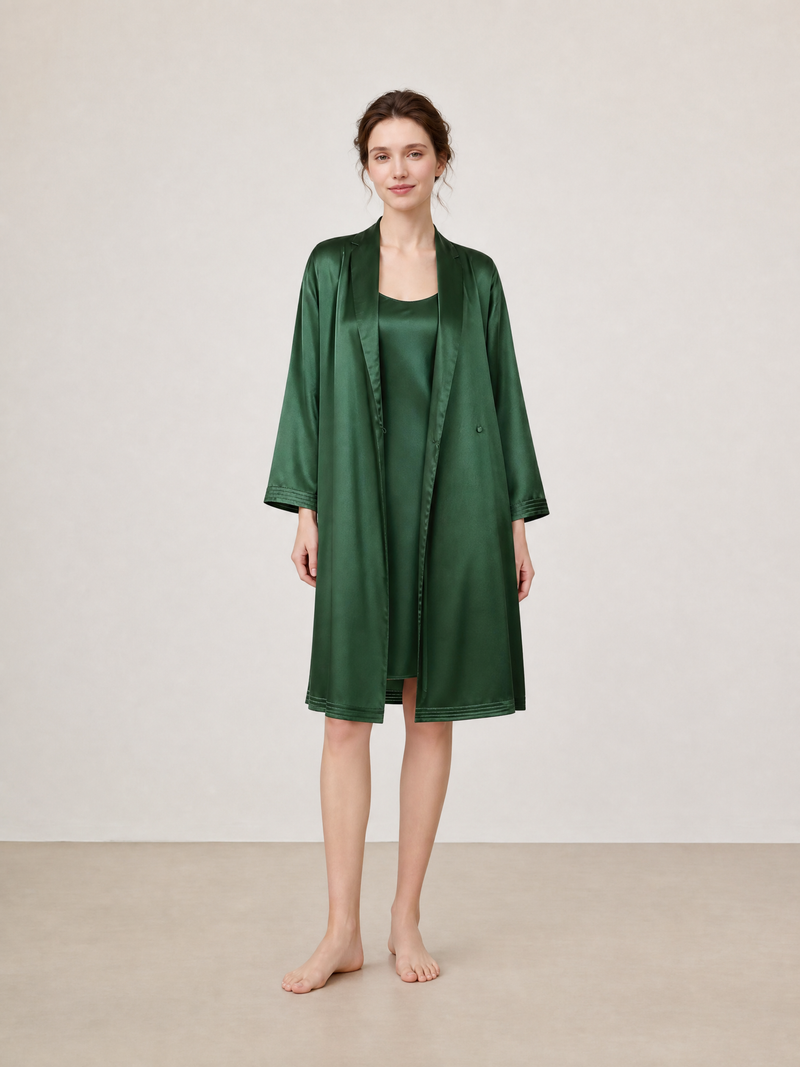 Viridian Lake Chemise and Robe Set In Mulberry Silk - Pine Shadow