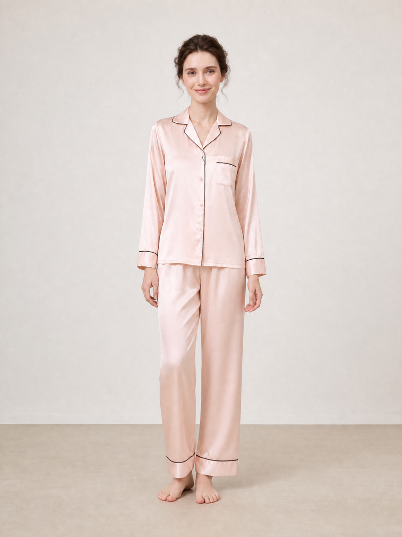 Blushing Skies Silk Pajama Set In Mulberry Silk - Peach Sorbet