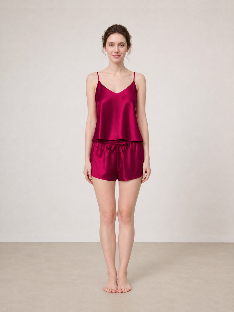Crimson Maple Cami and Shorts Set In Mulberry Silk - Mulled Wine