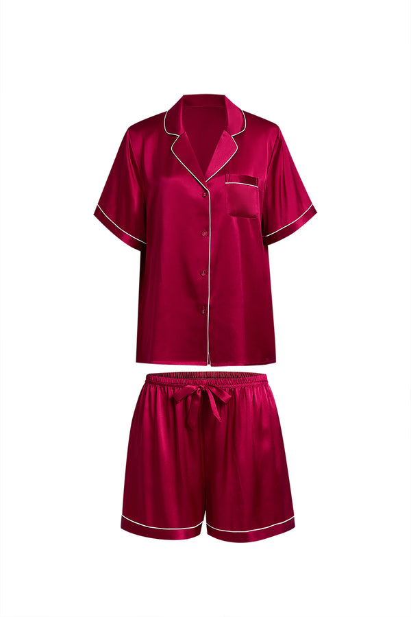 Crimson Maple Short Sleeve and Tap Pants Set In Mulberry Silk - Mulled Wine