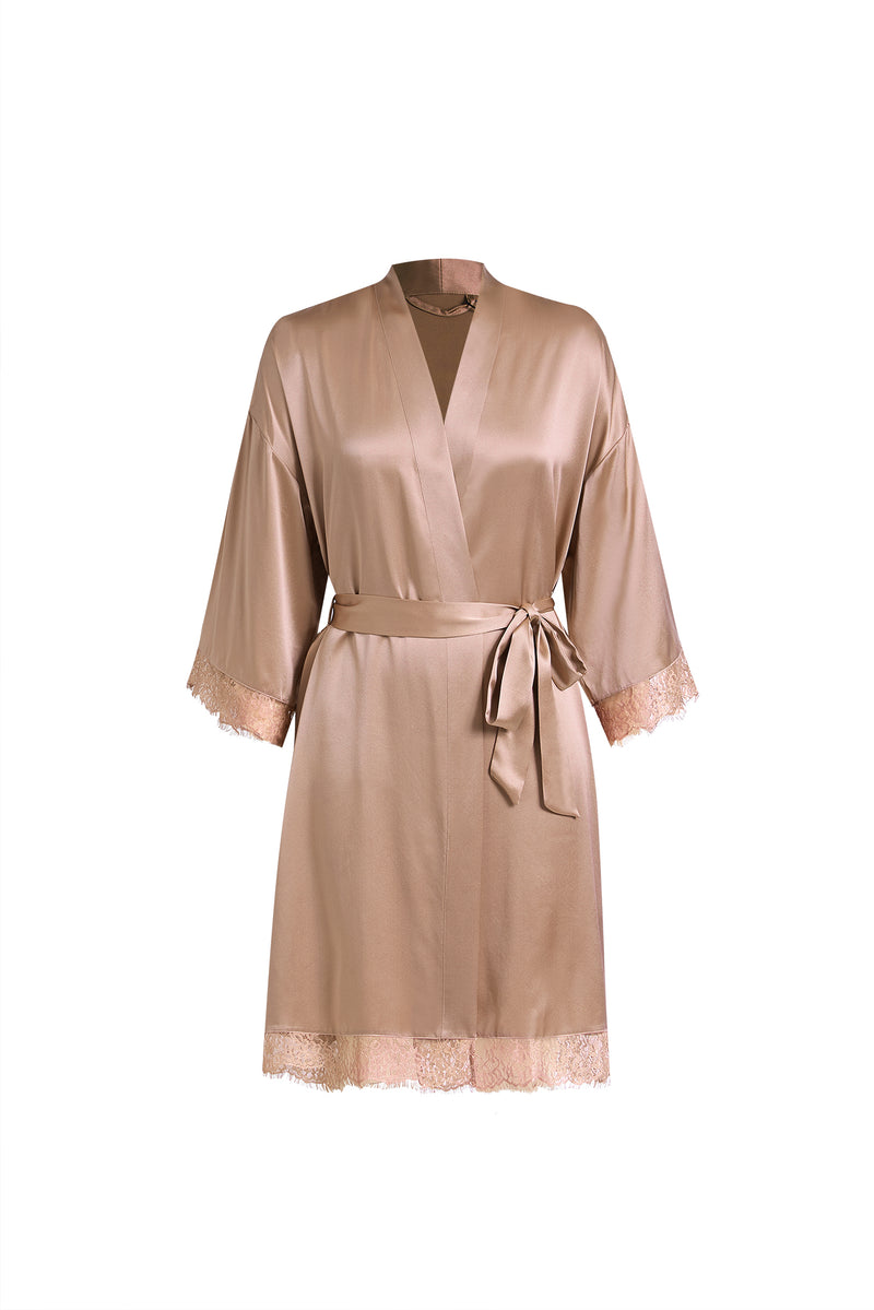 Wheat Shadows Robe In Mulberry Silk - Latte Harvest